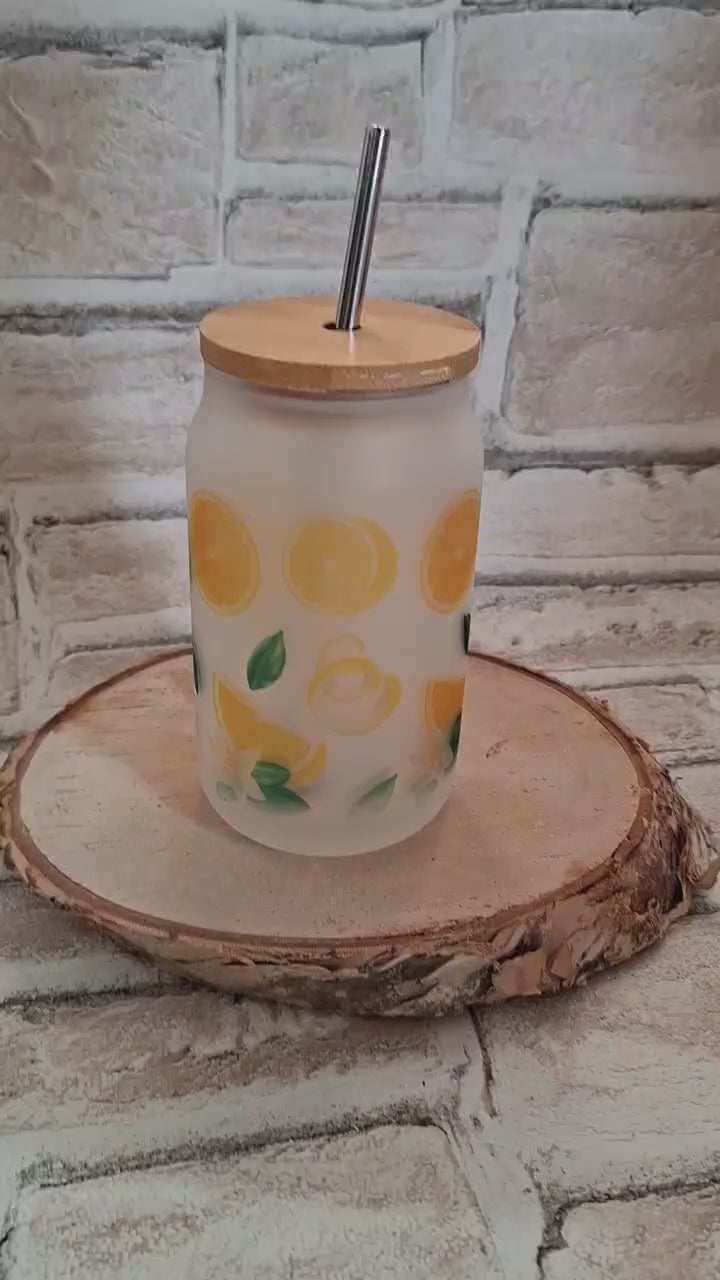 Zitronen-Motiv Glas mit Bambusdeckel & Edelstahlhalm – 400 ml Spaß für Smoothies & Co.!