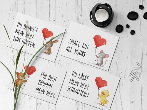 Printable Postkarten A4 - 4 süße Tierkarten mit Luftballon | Sofort Download - AC Designs