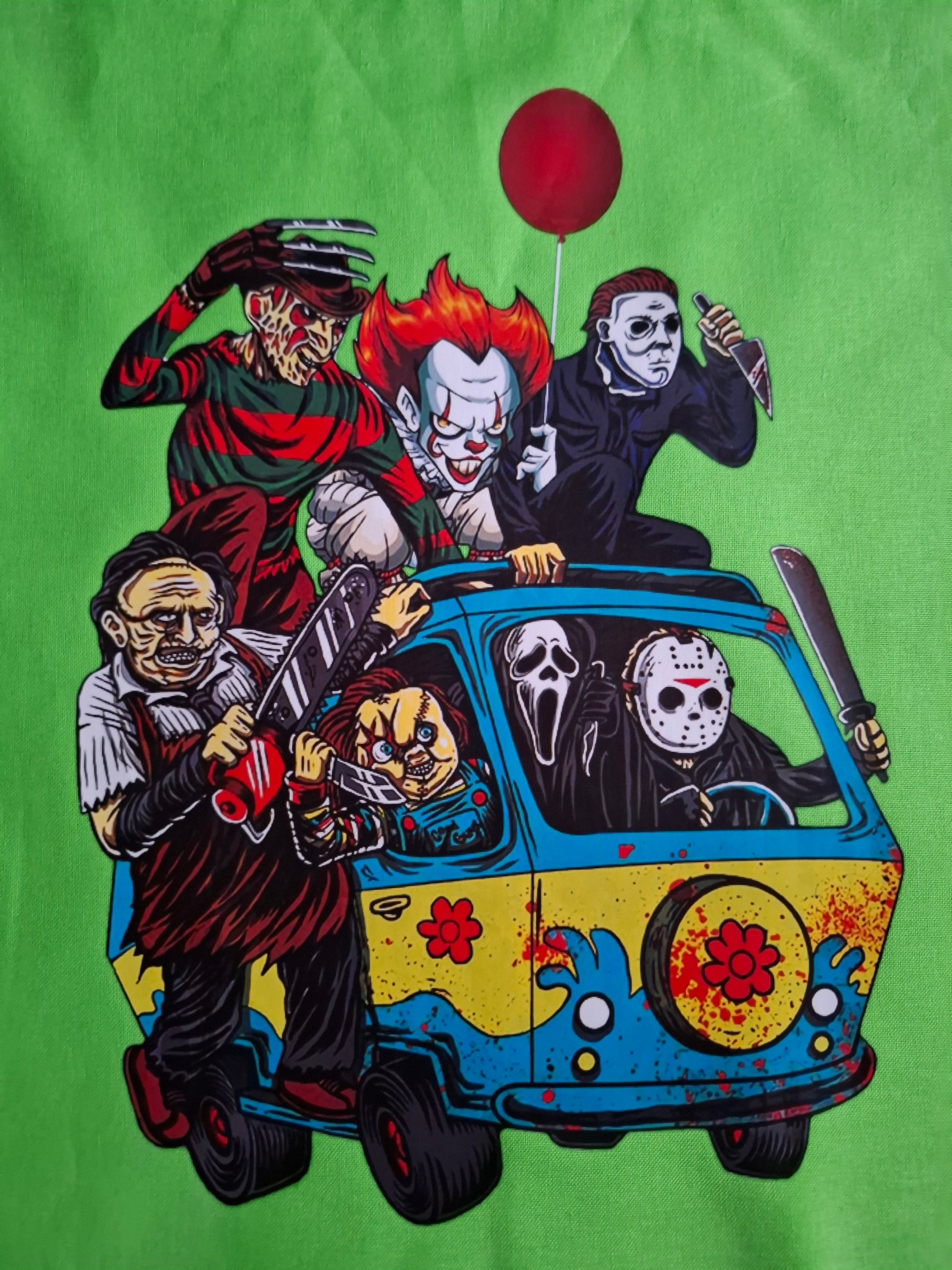 Grüne Tasche mit cartoonhaften Halloween-Monstern, ideal für das Süßigkeiten sammeln und für gruselige Anlässe.