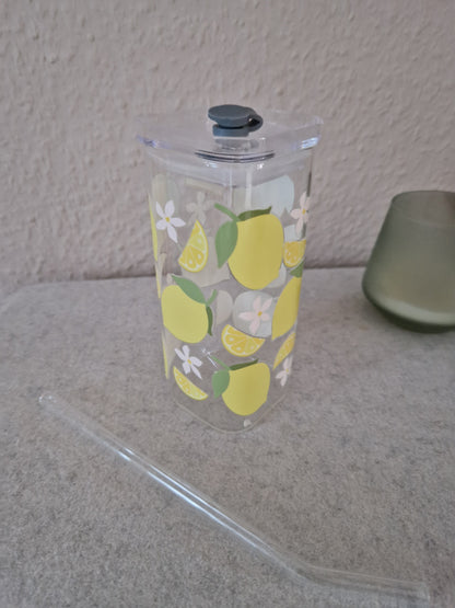 Zitronen-Glasbecher mit Deckel & Strohhalm – auslaufsicher, stylisch & langlebig