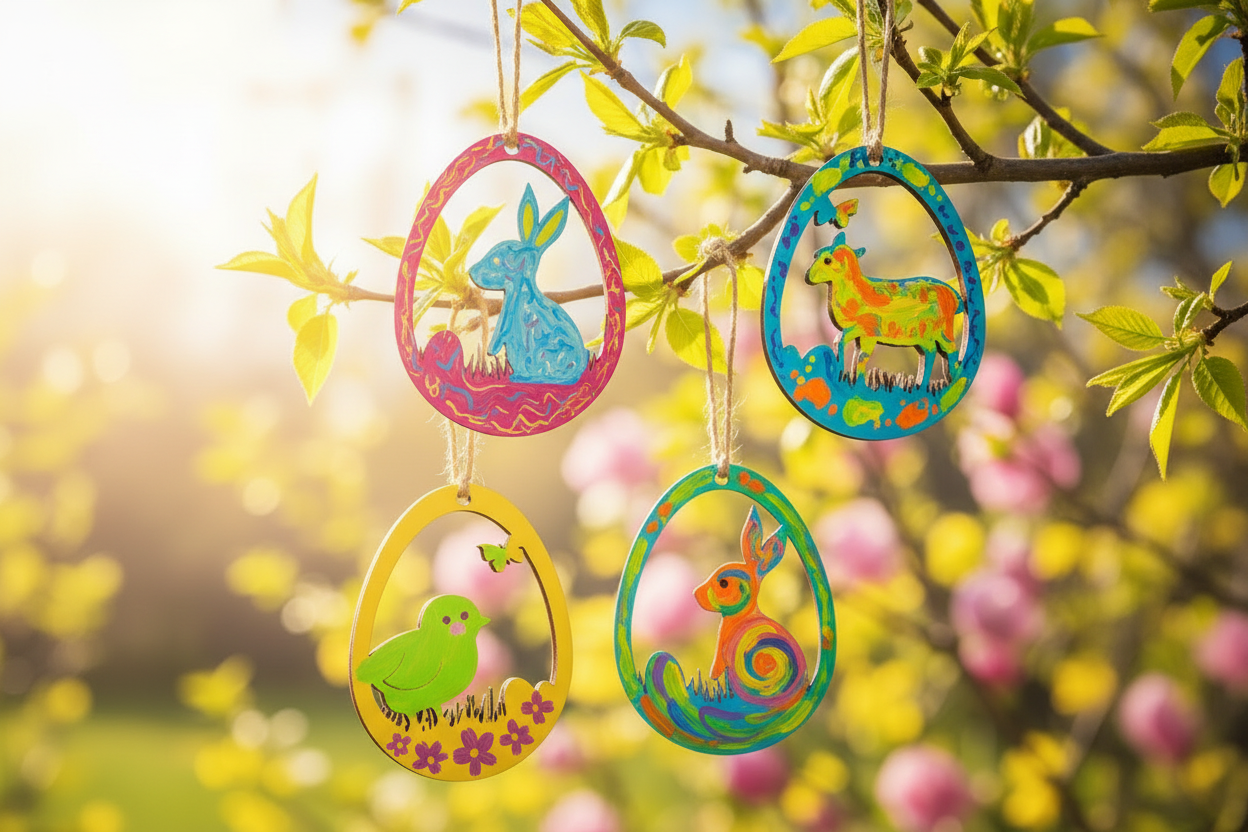 Holz Osterei Anhänger 4er SET – Hase, Küken & Schaf – Bastelrohlinge aus Sperrholz