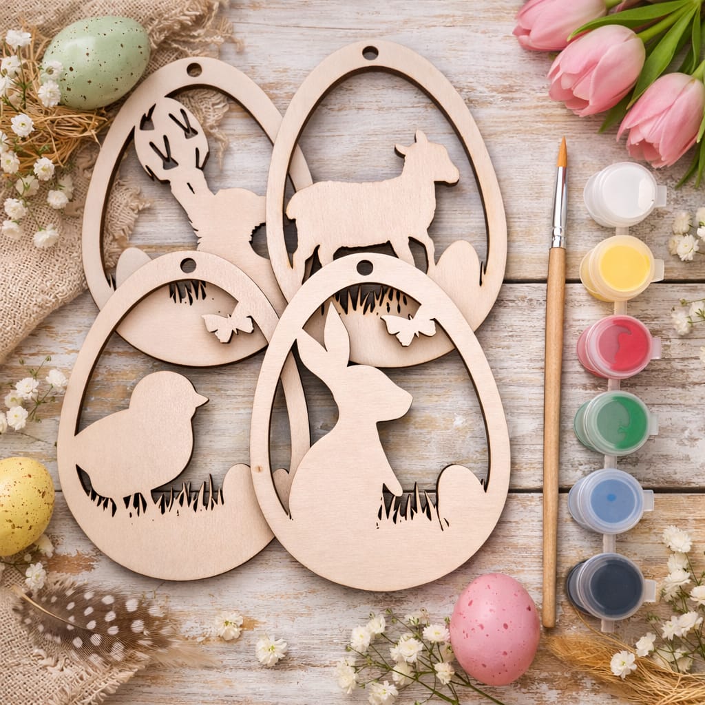 Holz Osterei Anhänger 4er SET – Hase, Küken & Schaf – Bastelrohlinge aus Sperrholz