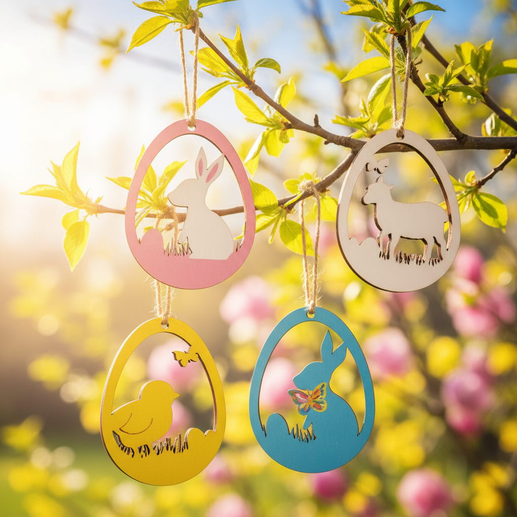 Holz Osterei Anhänger 4er SET – Hase, Küken & Schaf – Bastelrohlinge aus Sperrholz
