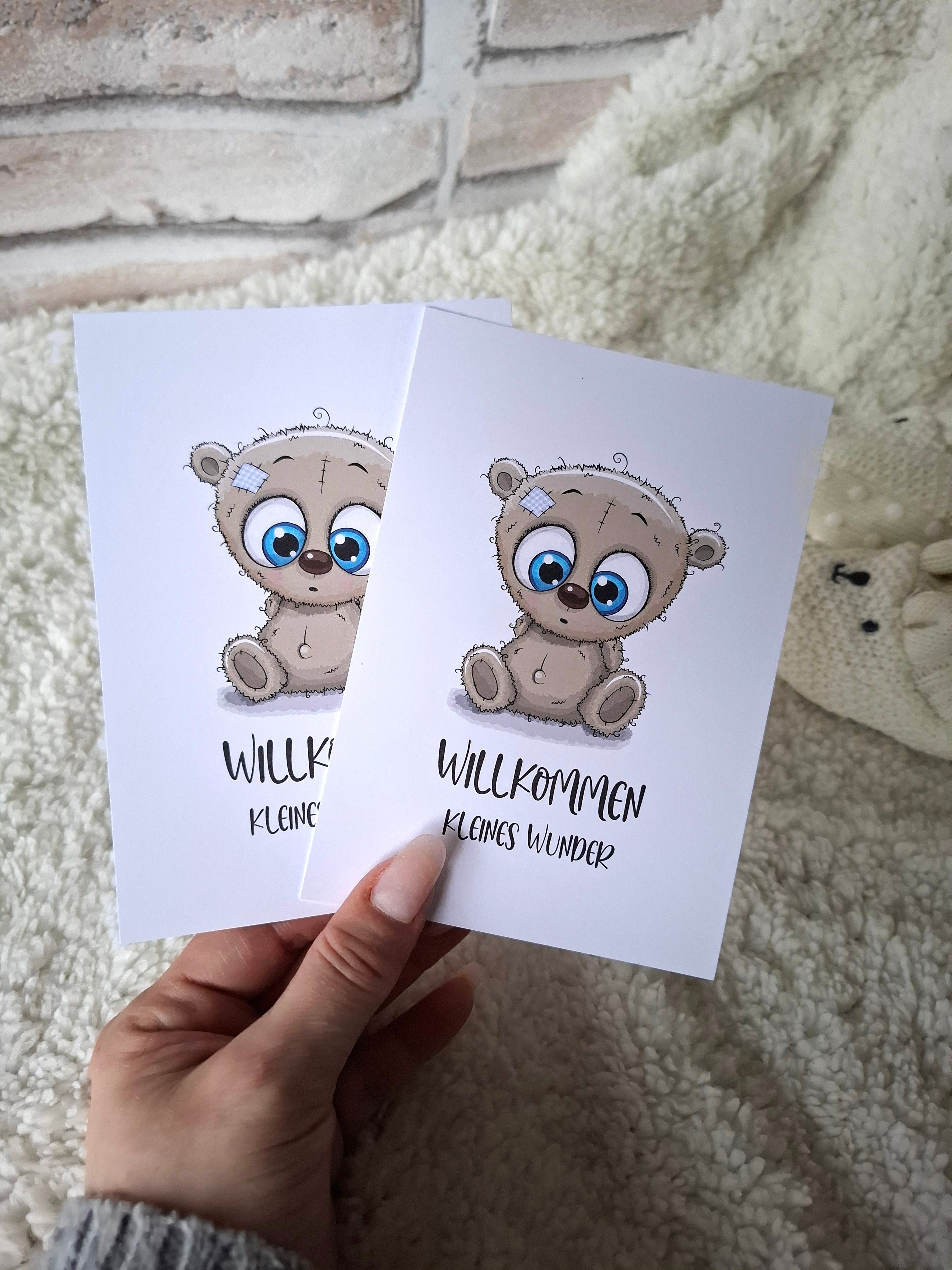 Willkommenskarte zur Geburt | DIN A6 mit ‚Willkommen kleines Wunder‘ | 350g PEFC-zertifiziertes Papier | Umweltfreundliche Babykarte mit Bärchen-Motiv - AC Designs