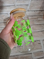 Handgefertigter Glasbecher mit Holzdeckel und Glasstrohhalm – VIEL GLÜCK - AC Designs