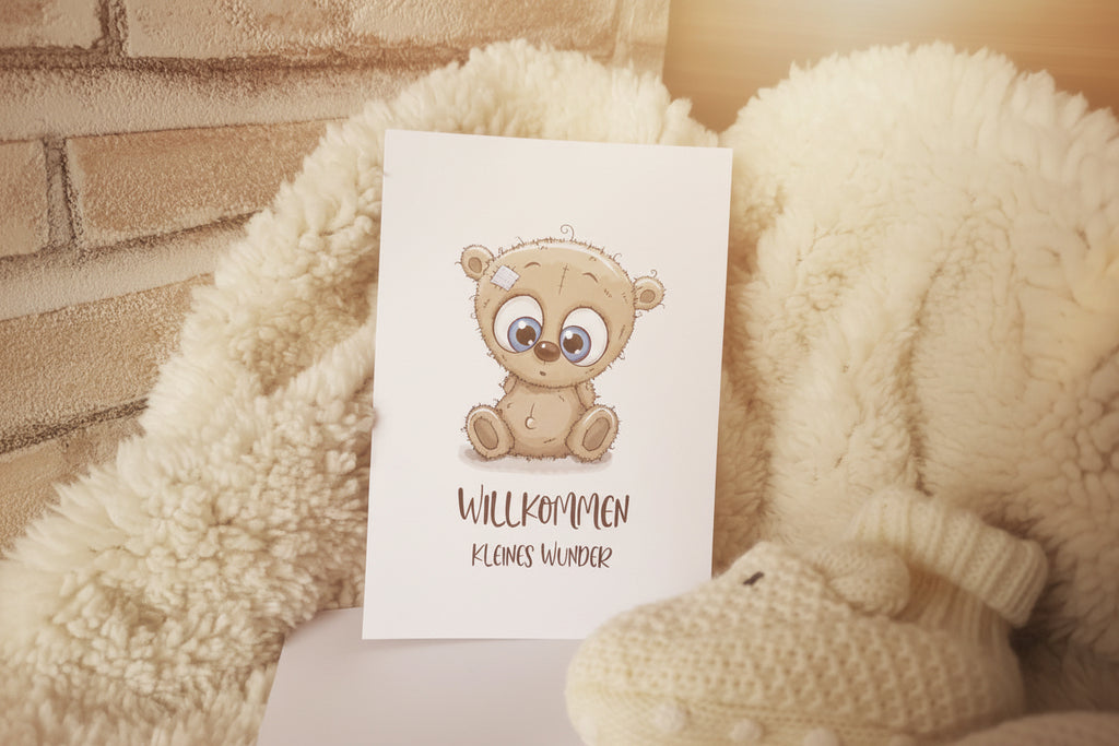 Willkommenskarte zur Geburt | DIN A6 mit ‚Willkommen kleines Wunder‘ | 350g PEFC-zertifiziertes Papier | Umweltfreundliche Babykarte mit Bärchen-Motiv - AC Designs