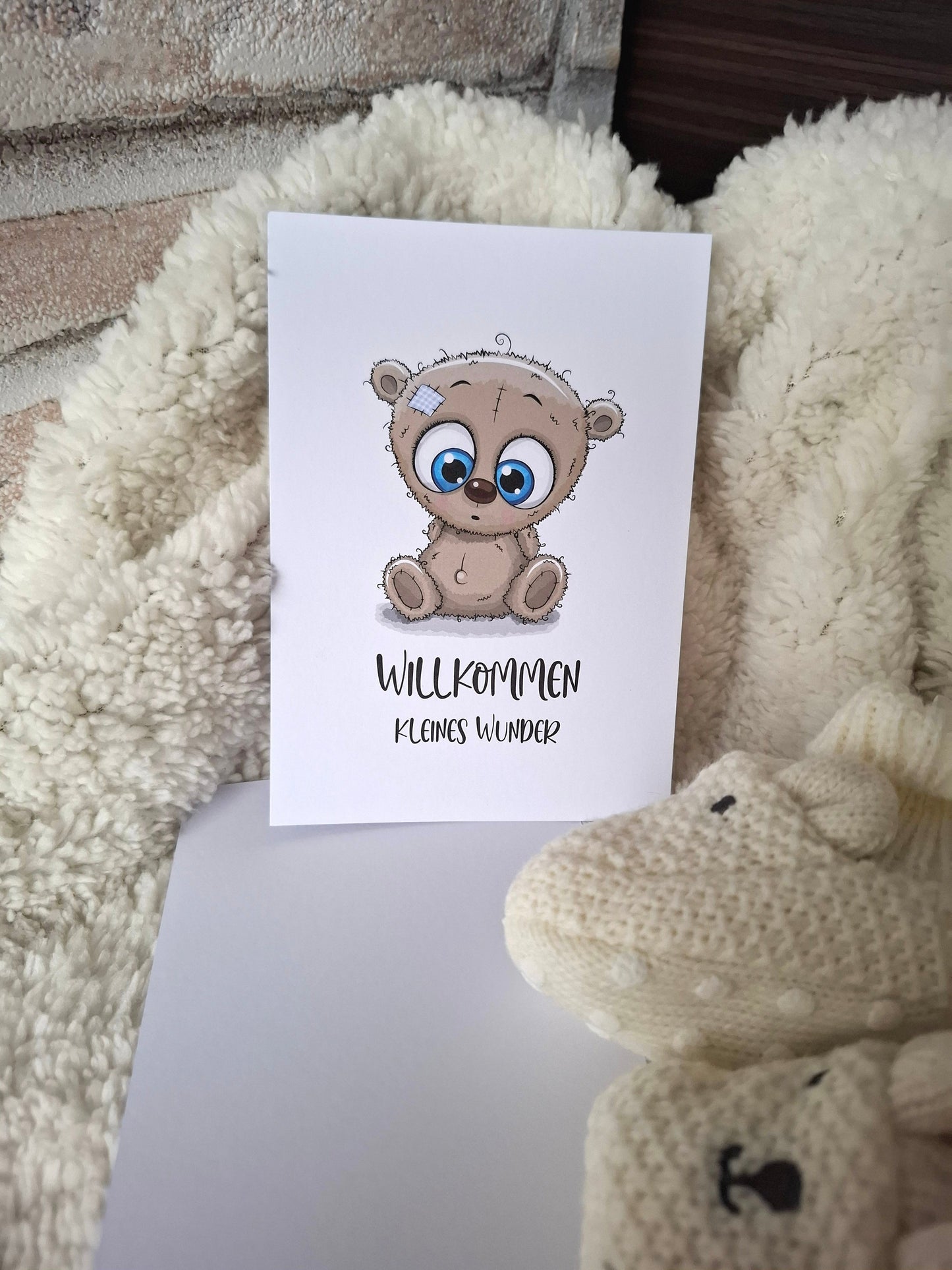 Willkommenskarte zur Geburt | DIN A6 mit ‚Willkommen kleines Wunder‘ | 350g PEFC-zertifiziertes Papier | Umweltfreundliche Babykarte mit Bärchen-Motiv - AC Designs