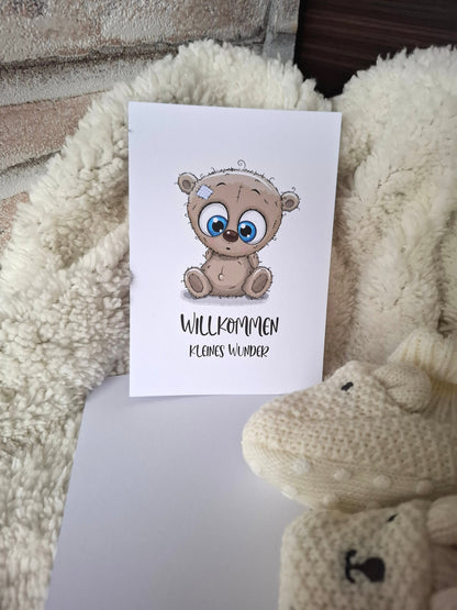 Willkommenskarte zur Geburt | DIN A6 mit ‚Willkommen kleines Wunder‘ | 350g PEFC-zertifiziertes Papier | Umweltfreundliche Babykarte mit Bärchen-Motiv - AC Designs