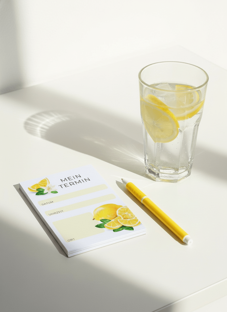Schreibblock TERMIN mit Zitronen-Motiv - A7 Notizblock aus Naturpapier (120g) | Frisches Design für Termine, To-dos & kreative Ideen - AC Designs