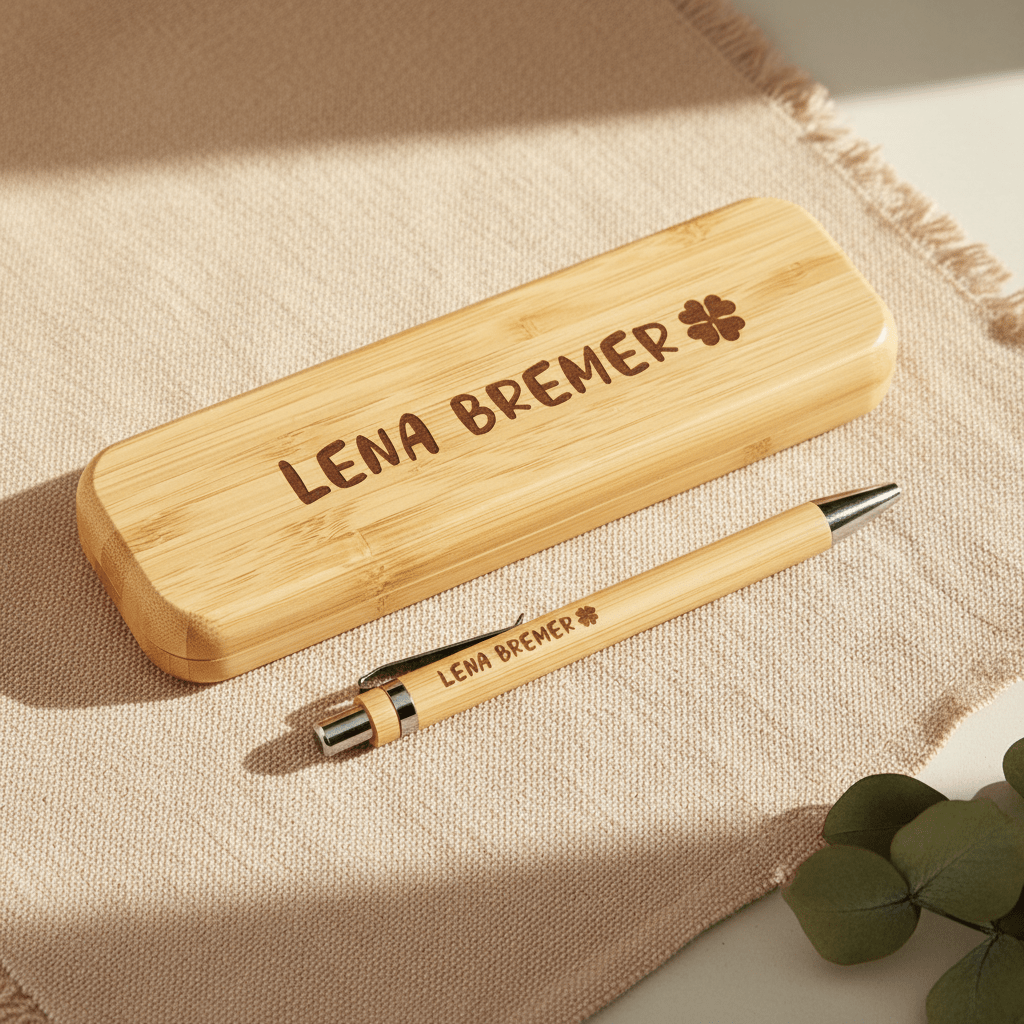 Schreibset mit Gravur – personalisiertes Geschenk mit Kleeblatt | Kugelschreiber in Holzbox - AC Designs