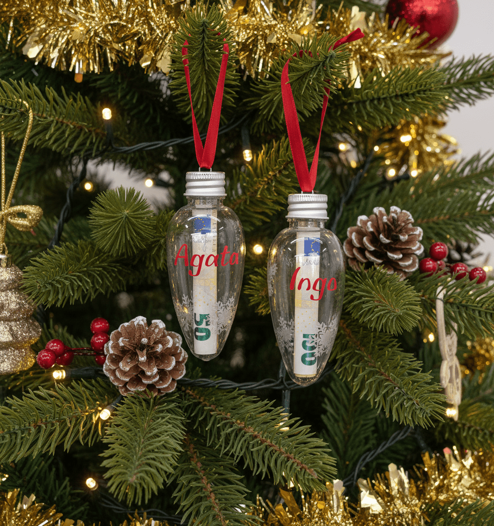 Set aus 2 befüllbaren Weihnachtsanhängern – personalisierbar, klar mit Schneeflocken, 8 cm, mit Drehverschluss – für Geldgeschenke, Botschaften & Süßes - AC Designs