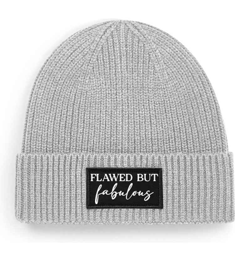Statement Patch Beanie Hellgrau - „flawed but fabulous“ - AC Designs