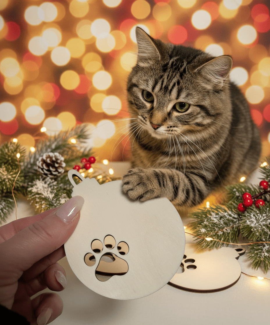 Weihnachtskugel aus Holz mit Katzenpfoten-Abdruck – Lasergeschnittenes Sperrholz-Ornament zum Bemalen (7,5 x 9,5 cm) - AC Designs