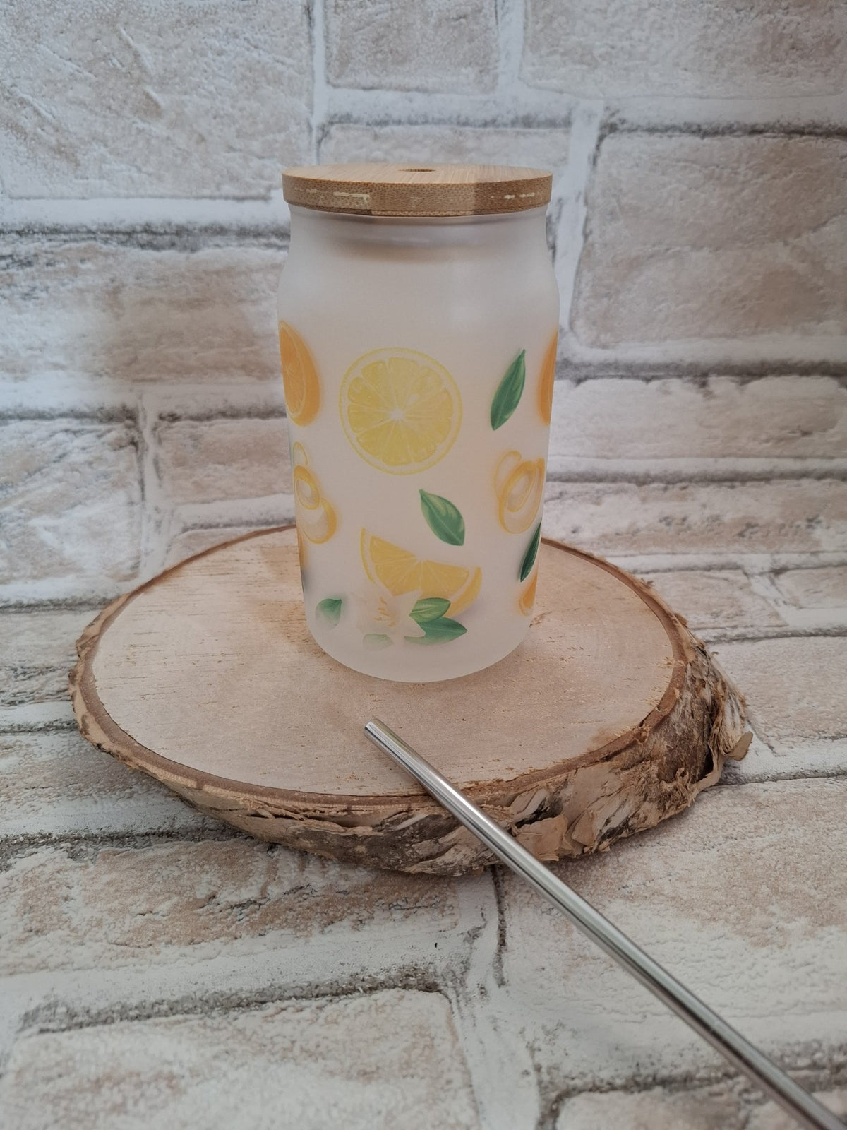 Zitronen-Motiv Glas mit Bambusdeckel & Edelstahlhalm – 400 ml Spaß für Smoothies & Co.! - AC Designs